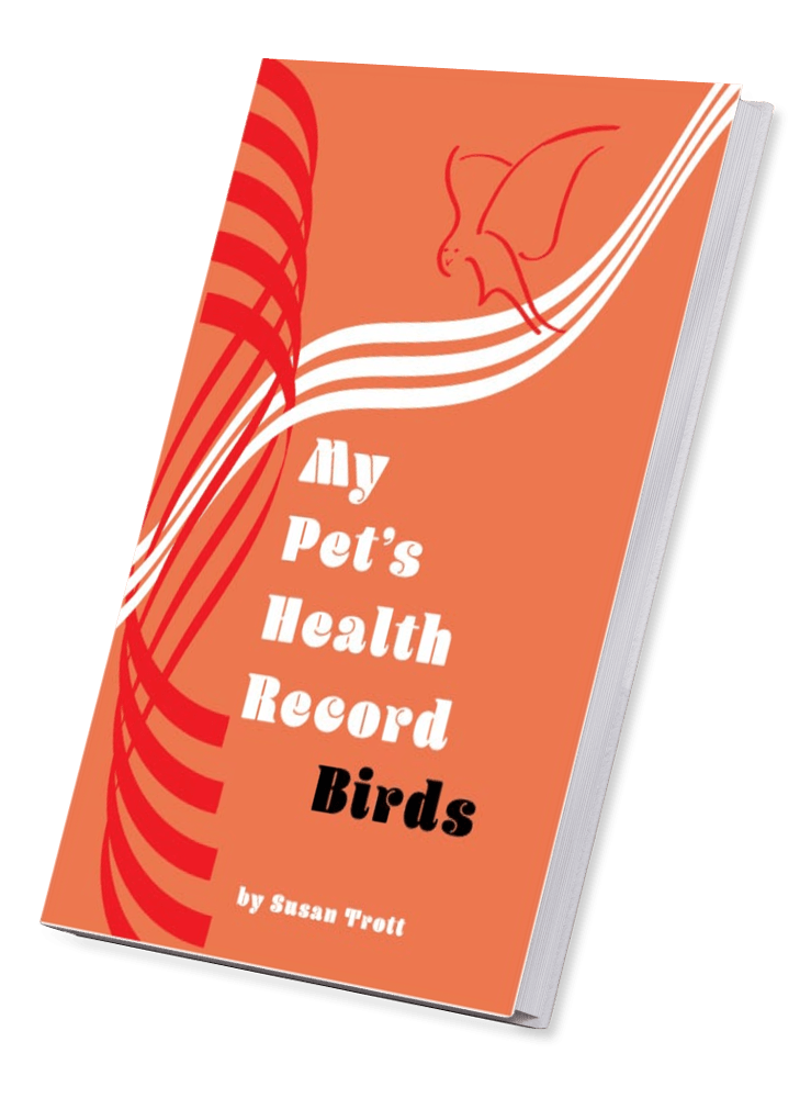 “Book cover of My Pet’s Health Record: Birds by Susan Trott — a red avian journal for recording hatchdays, health checks, and family memories.”